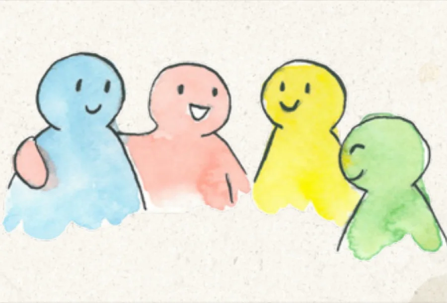 Aquarell: vier bunte Figuren stehen fröhlich nebeneinander
