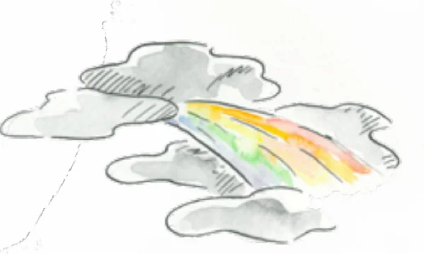Aquarell: ein Regenbogen, der zwischen grauen Wolken hervorbricht