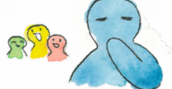 Aquarell: eine große nachdenkliche blaue Figur, daneben drei kleine bunte Figuren
